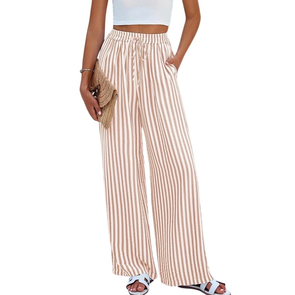 PrettyGarden Tan White Striped Wide Leg Pants Elastic Waist Small Coastal Boho